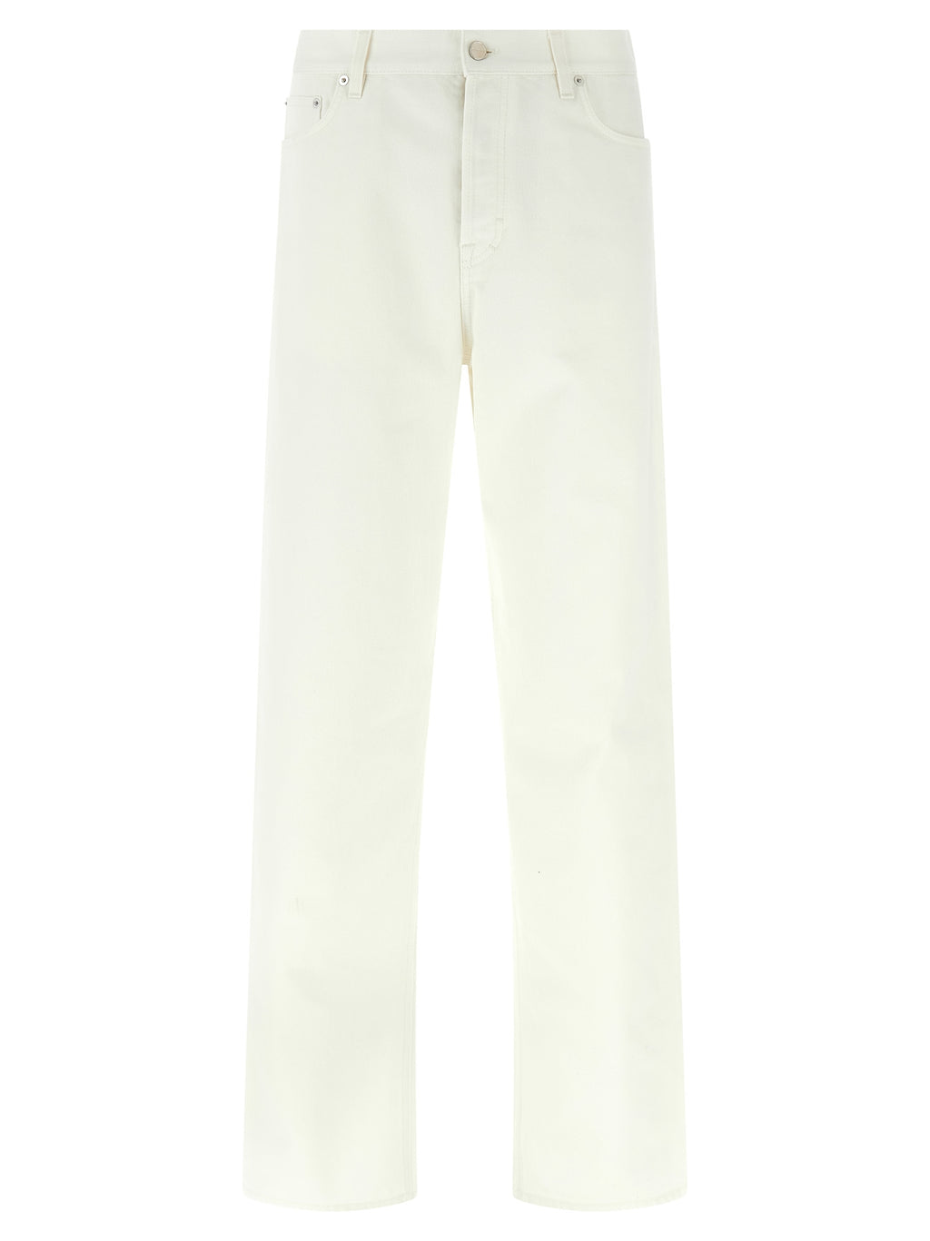 Jeans Gucci en coton blanc à coupe droite, visibles avec détails de couture et taille, sur fond neutre.