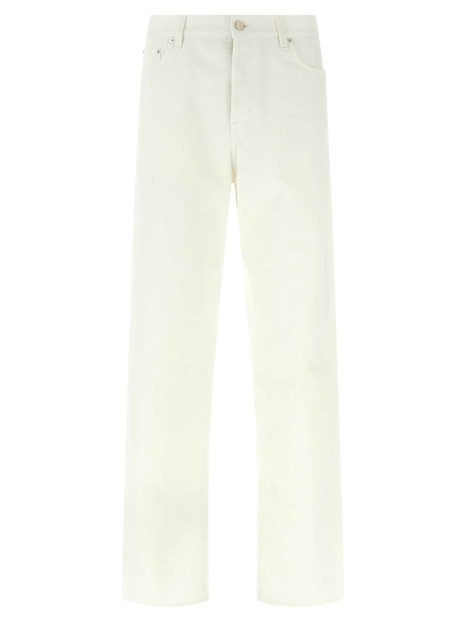 Jeans Gucci en coton blanc à coupe droite, visibles avec détails de couture et taille, sur fond neutre.