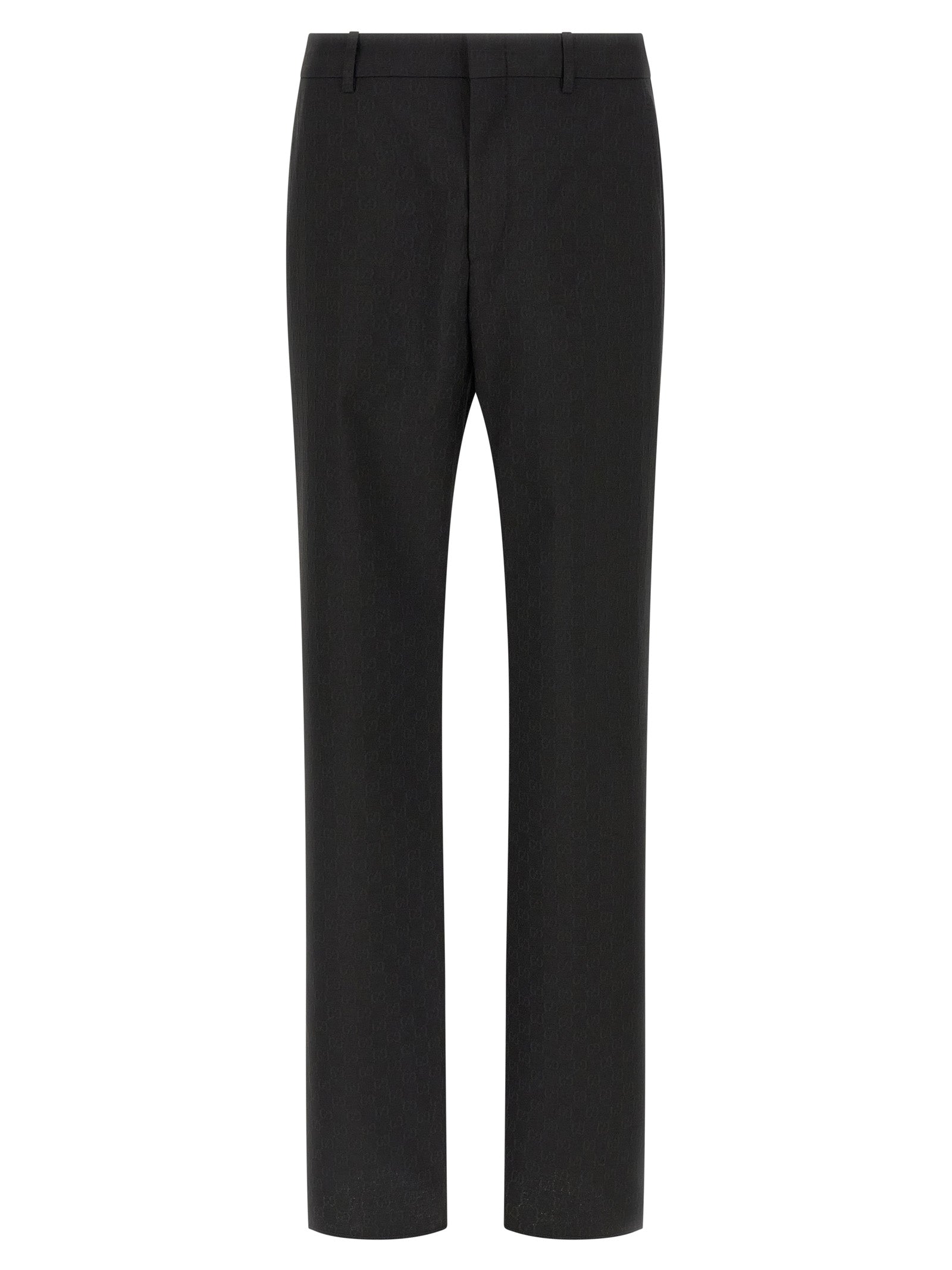 Pantalon de costume noir en polyester Gucci, coupe élégante, porté sur un mannequin avec une ceinture assortie.