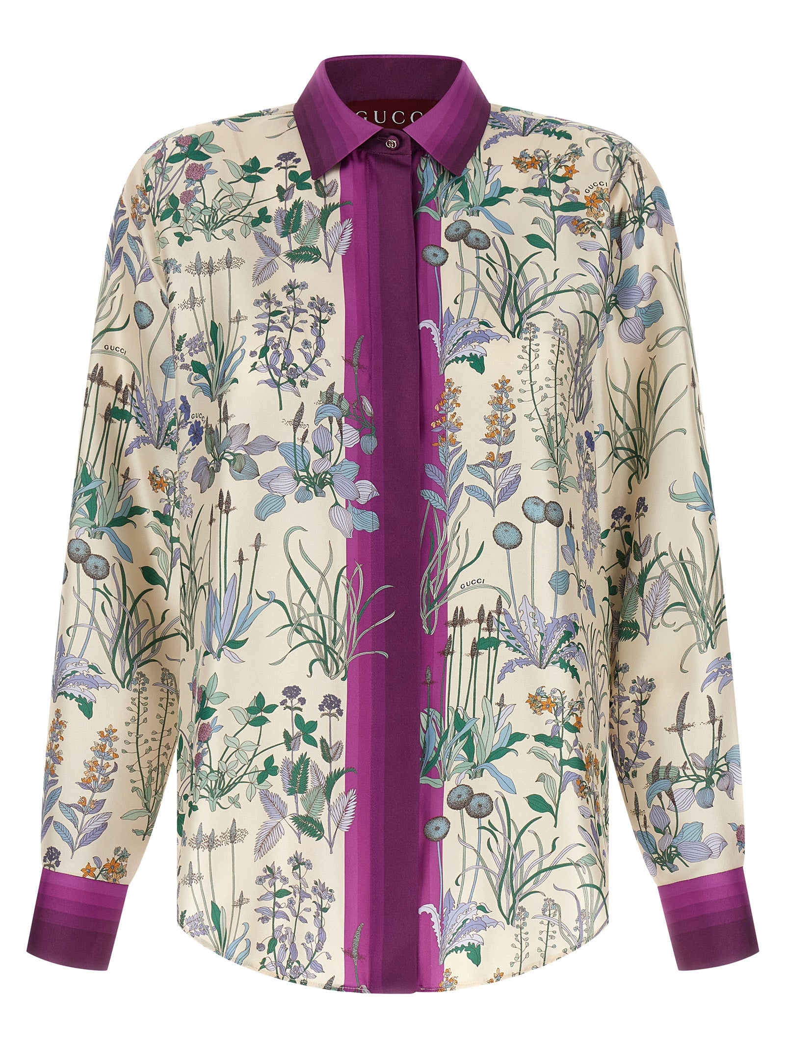 Chemise en soie multicolore Gucci, élégante blouse en tissu luxueux avec motifs colorés et détails raffinés.