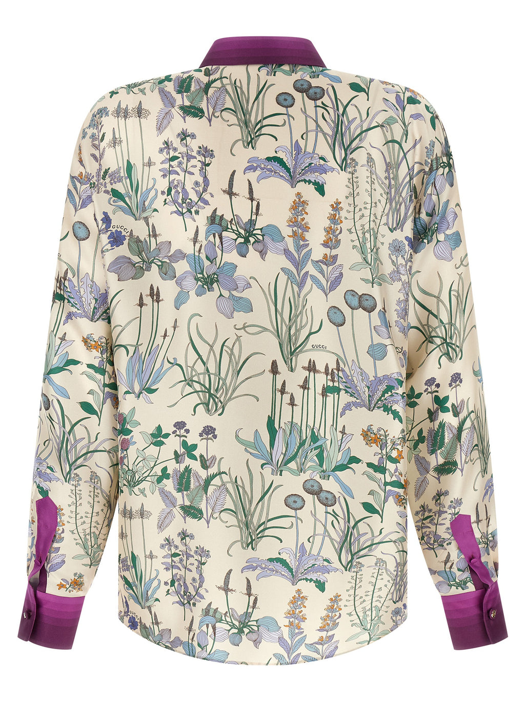 Chemise en soie multicolore Gucci, détails colorés et élégants, vue de face sur fond blanc.