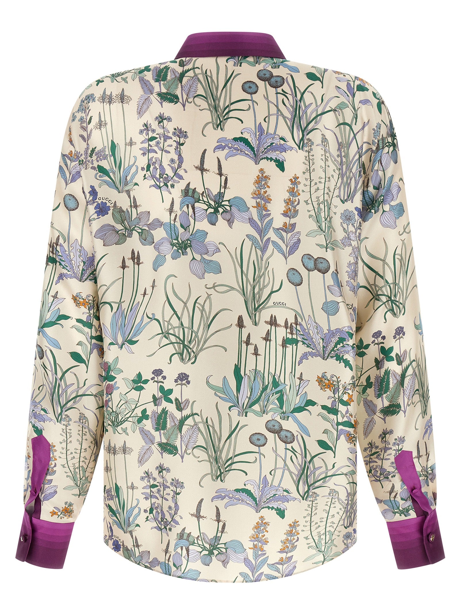 Chemise en soie multicolore Gucci, détails colorés et élégants, vue de face sur fond blanc.