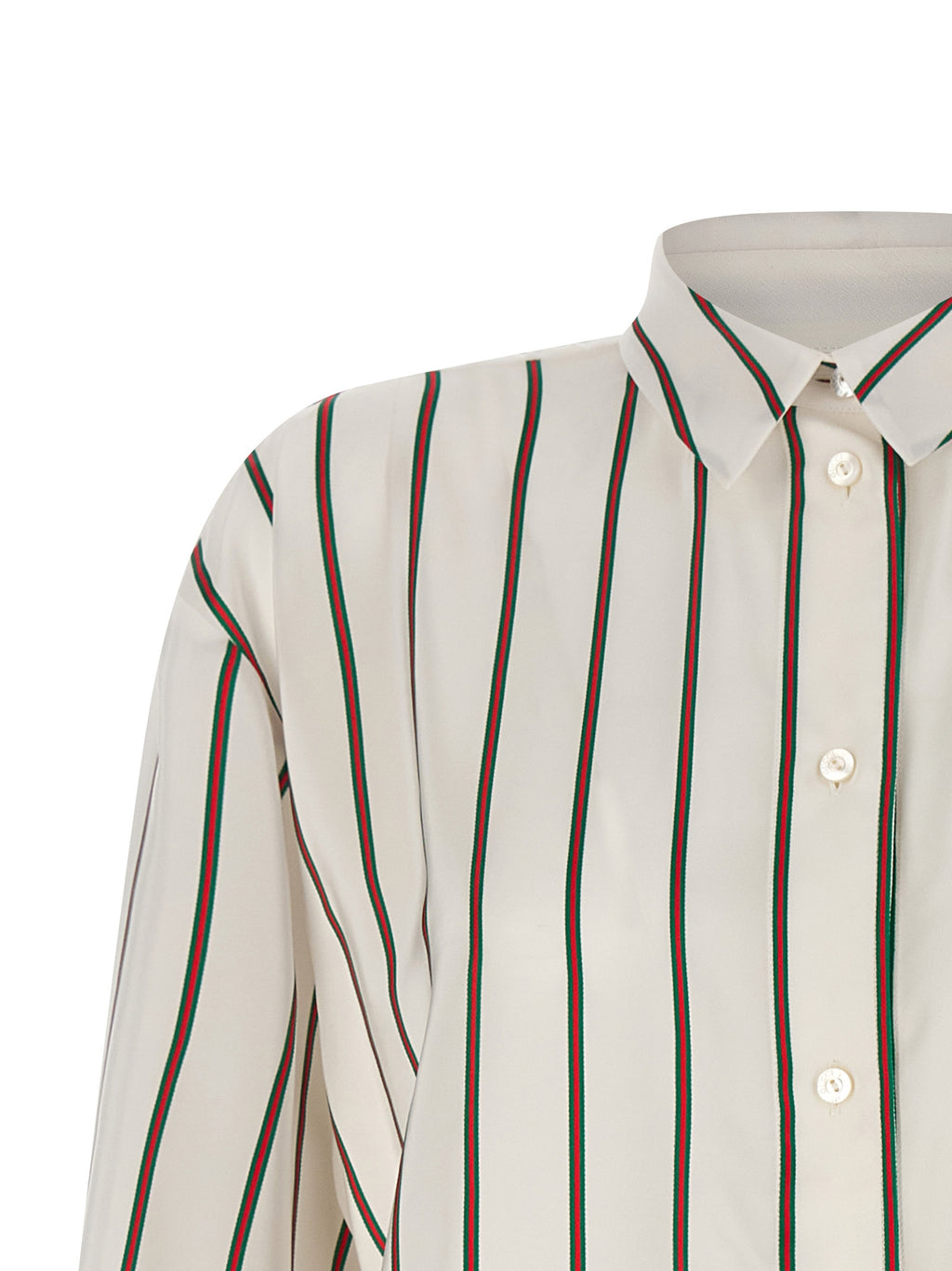 Chemise en soie blanche Gucci, vue détaillée du haut élégante avec col et manches longues.