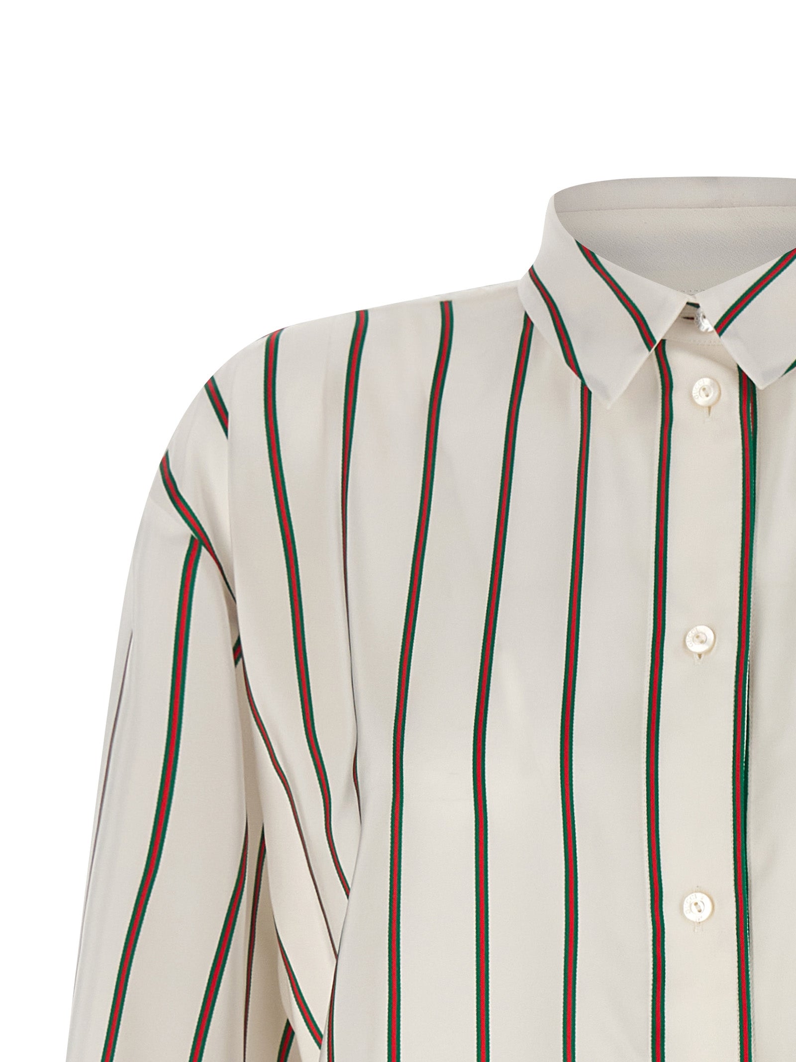 Chemise en soie blanche Gucci, vue détaillée du haut élégante avec col et manches longues.