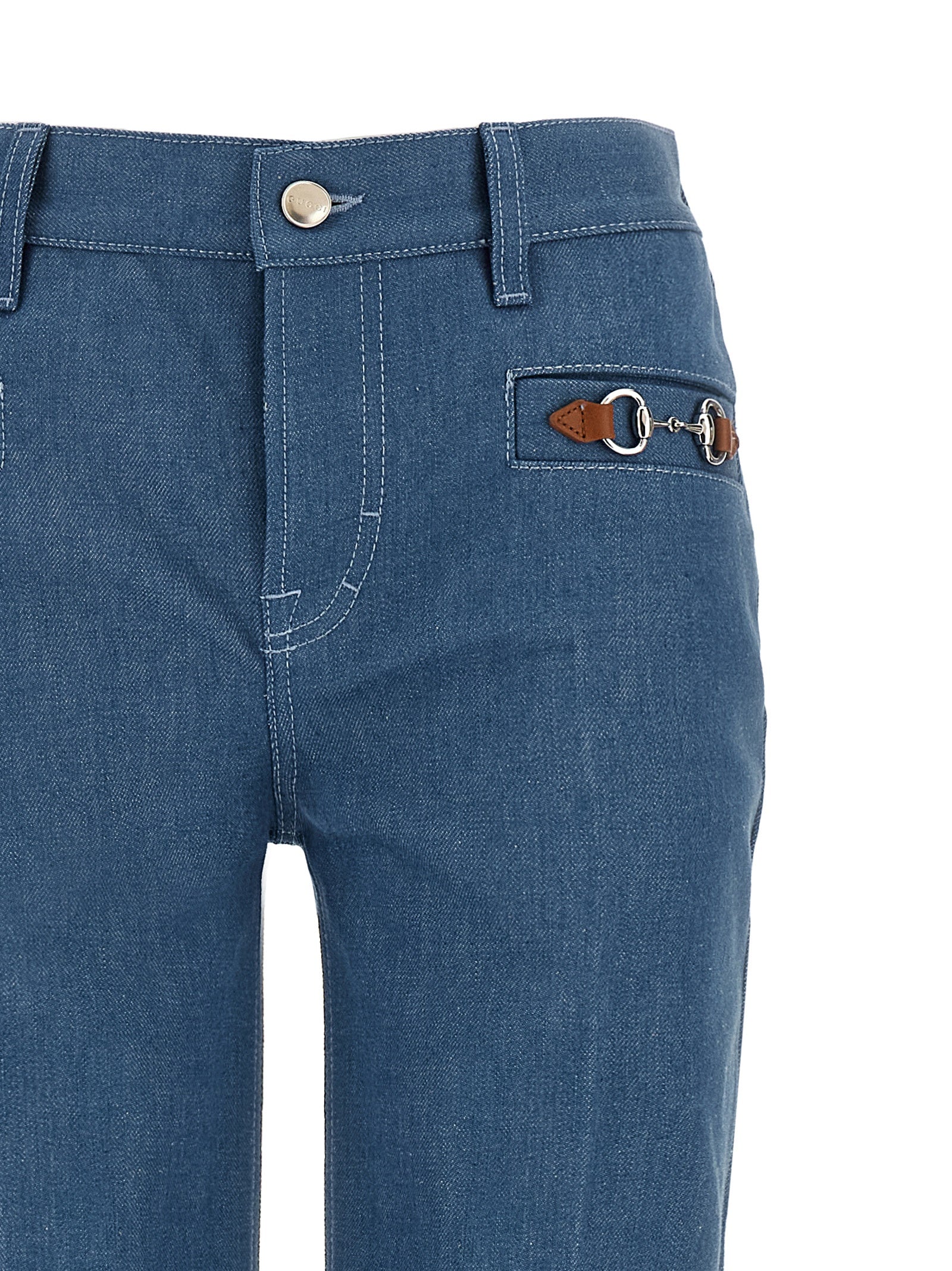 Jeans droits en coton bleu Gucci, style classique, visible avec poches et couture, pour un look décontracté et élégant.