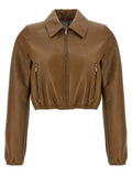 Veste en cuir d'agneau beige de Gucci, coupe élégante et détails sophistiqués, vue de face sur un mannequin.