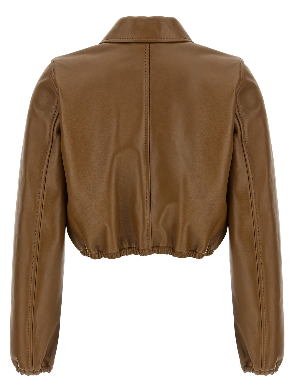 Veste en cuir beige en agneau de Gucci, coupe élégante, avec détails en cuir, vue de face sur fond blanc.