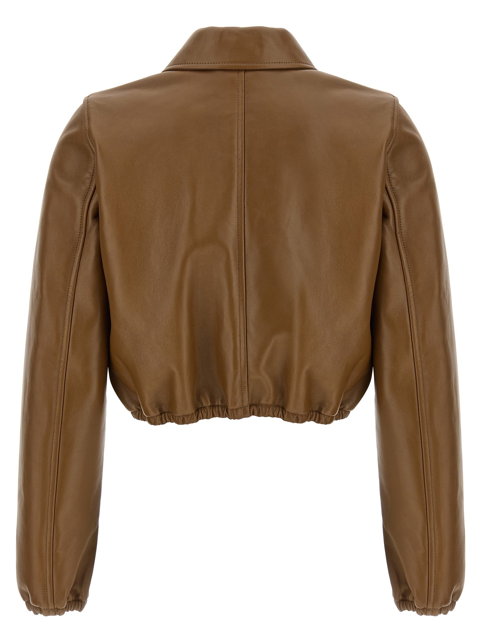 Veste en cuir beige en agneau de Gucci, coupe élégante, avec détails en cuir, vue de face sur fond blanc.