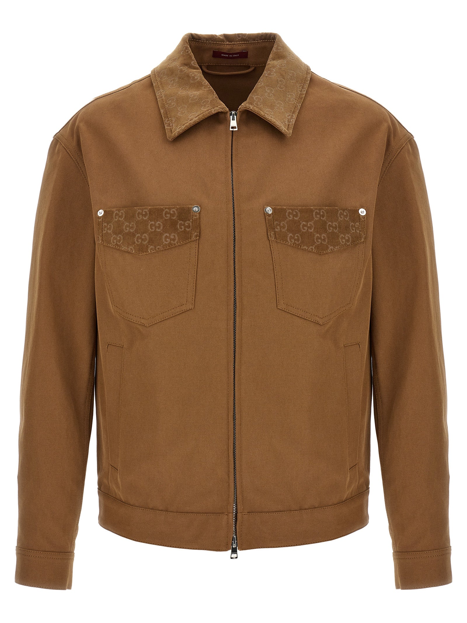 Veste longue en coton marron de Gucci, veste élégante avec coupe classique et détails sophistiqués.