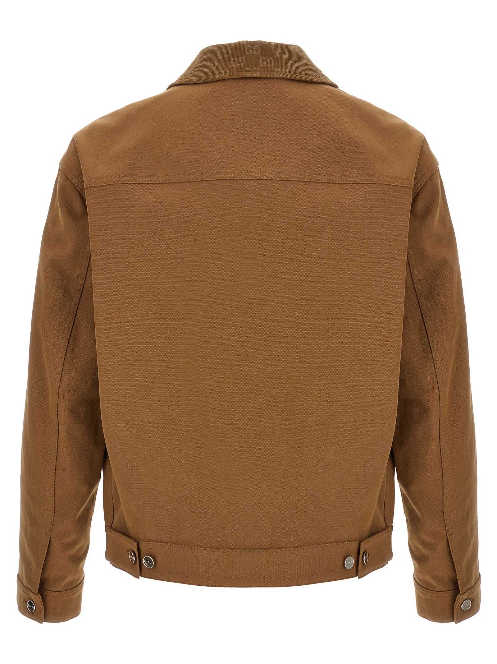 Veste longue Gucci en coton marron, style élégant et décontracté, avec fermeture à boutons et col classique.