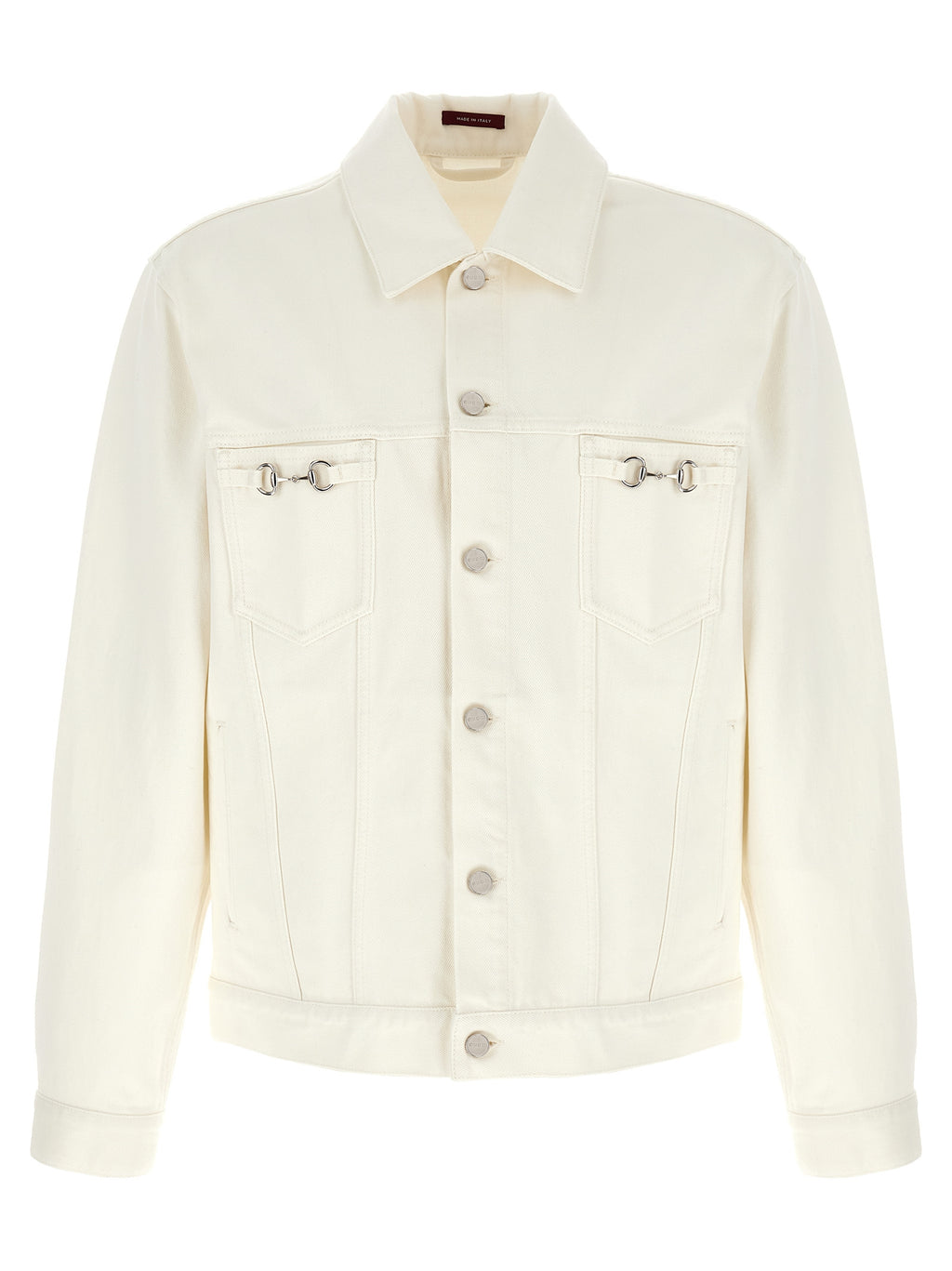 Veste en denim blanc Gucci en coton avec détails modernes, présentée sur un mannequin.