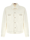 Veste en denim blanc Gucci en coton avec détails modernes, présentée sur un mannequin.