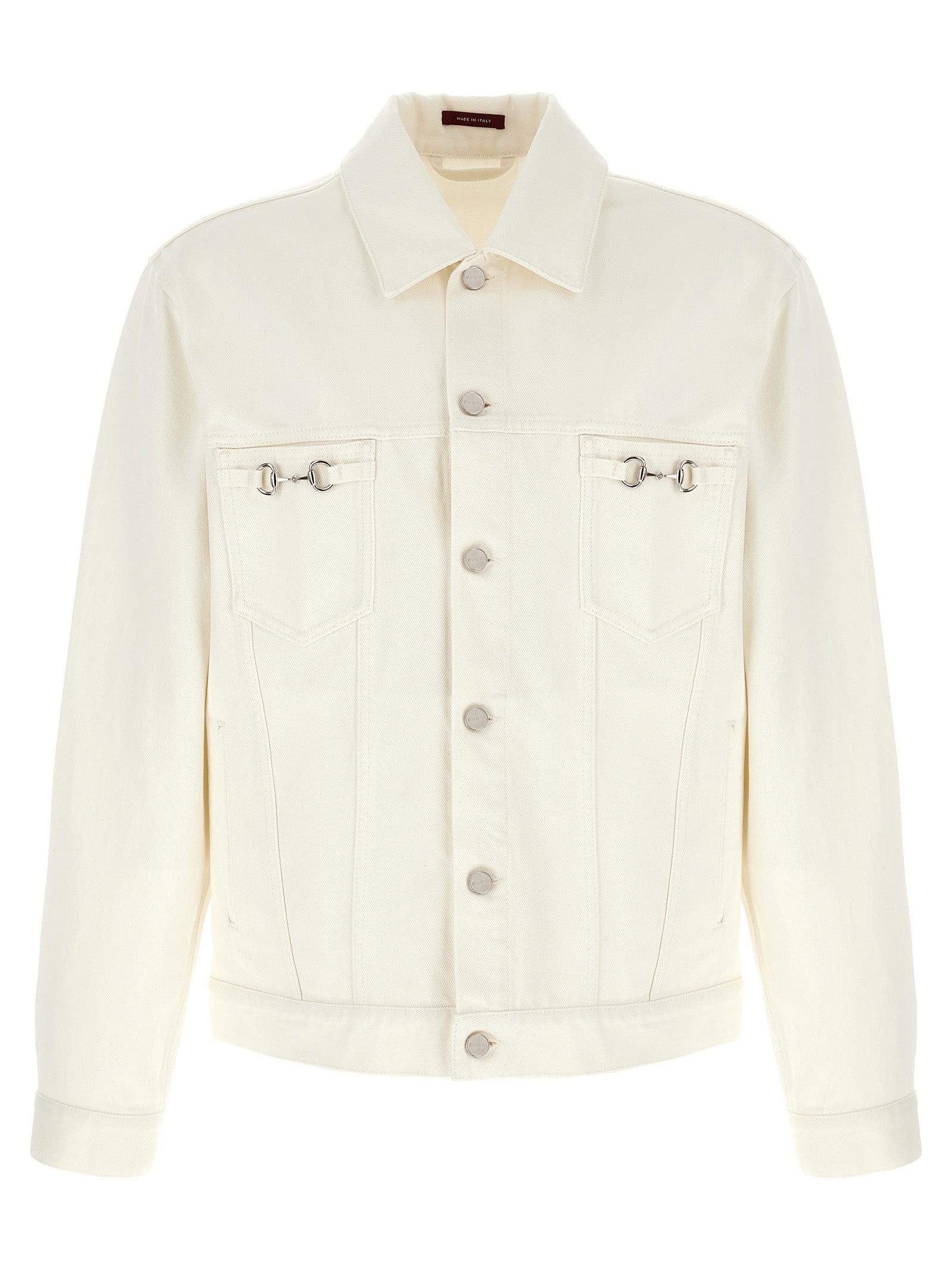 Veste en denim blanc Gucci en coton avec détails modernes, présentée sur un mannequin.
