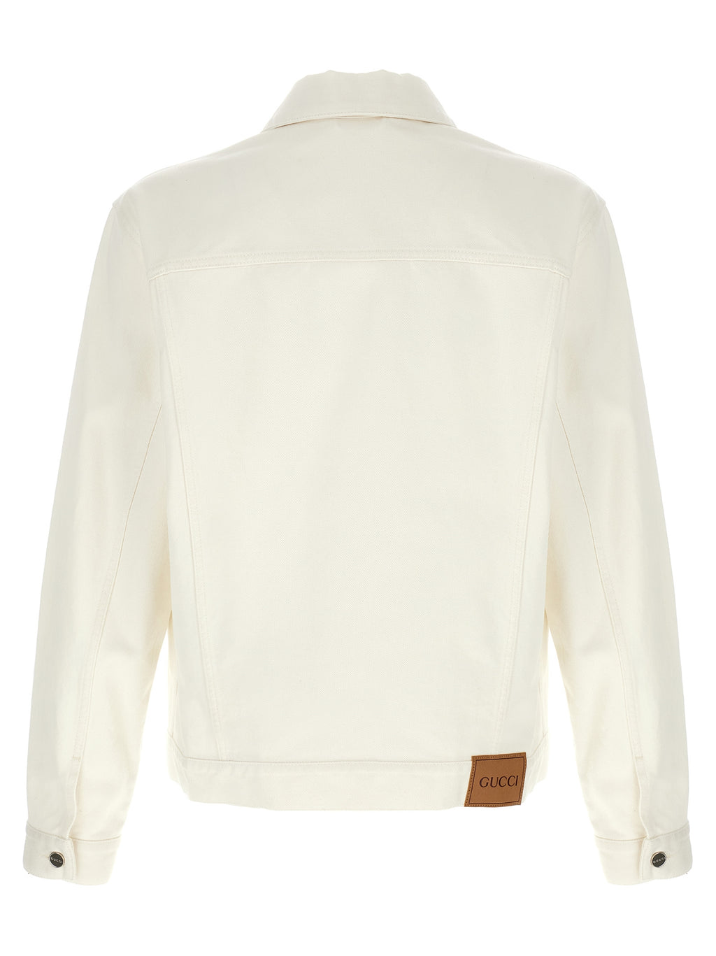 Veste en denim blanc Gucci en coton, vue de face, détaillée avec logo Gucci sur la poitrine, mode élégante et décontractée.