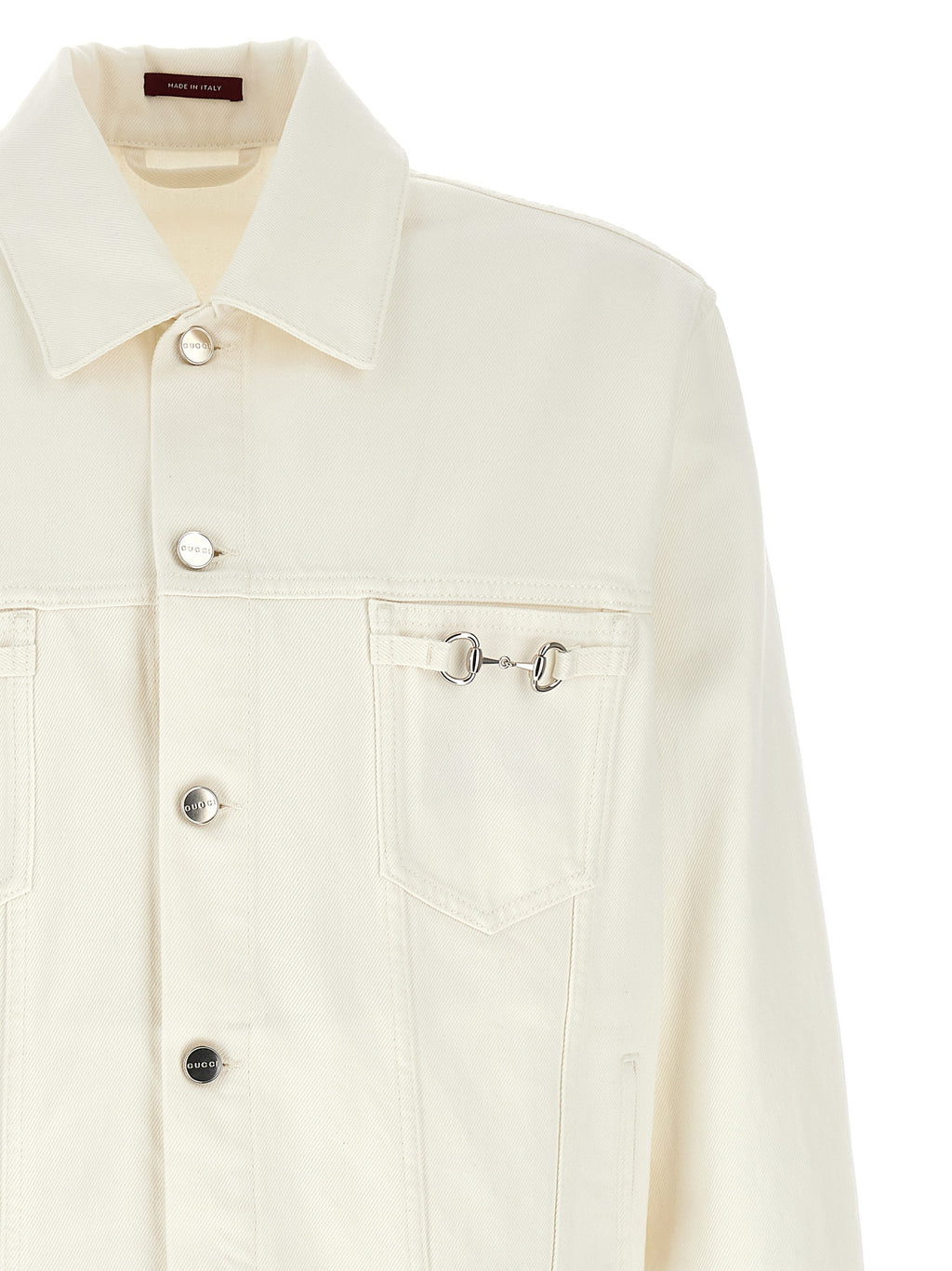 Veste en denim blanc Gucci en coton avec détails modernes, vue de face, style décontracté et élégant.