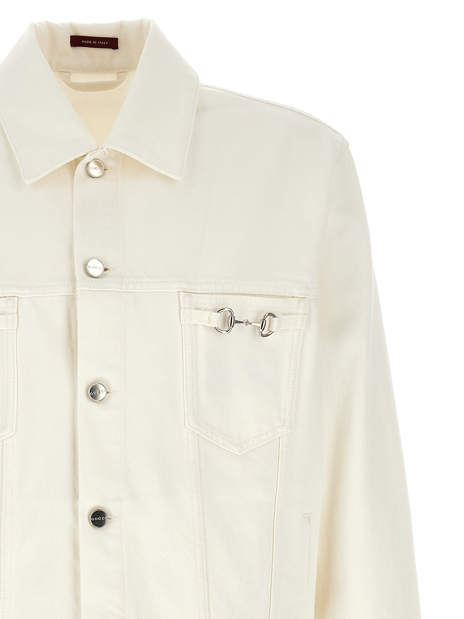 Veste en denim blanc Gucci en coton avec détails modernes, vue de face, style décontracté et élégant.