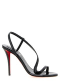 Sandales à talons stilettos en cuir de veau noir de Christian Louboutin, avec semelle rouge emblématique.