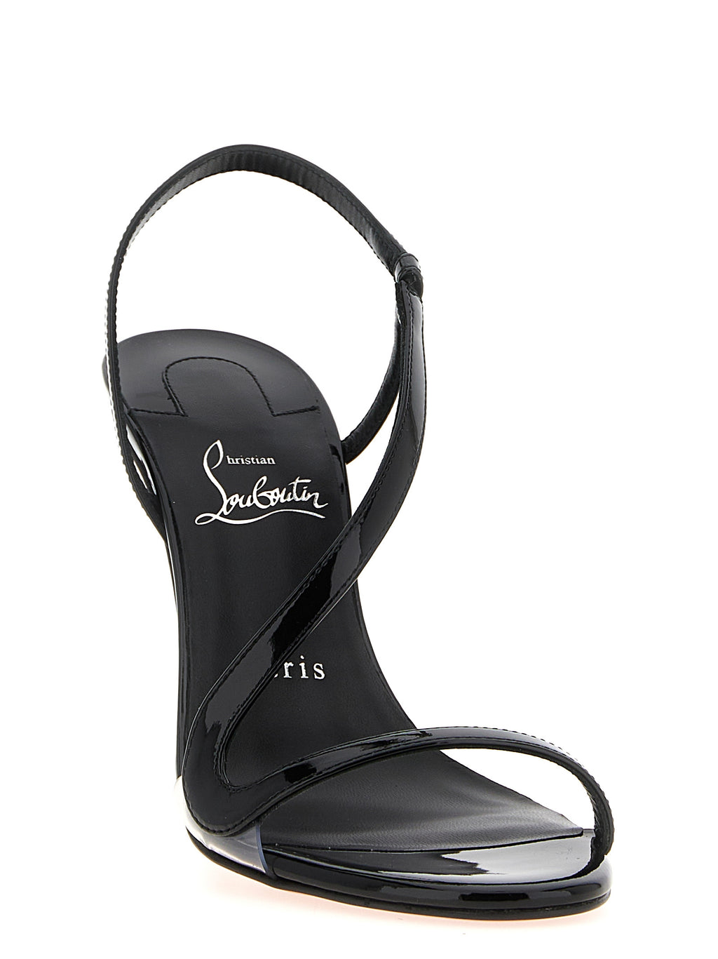 Sandales à talons aiguilles Christian Louboutin en cuir de veau noir, élégantes et sophistiquées, vues de face.