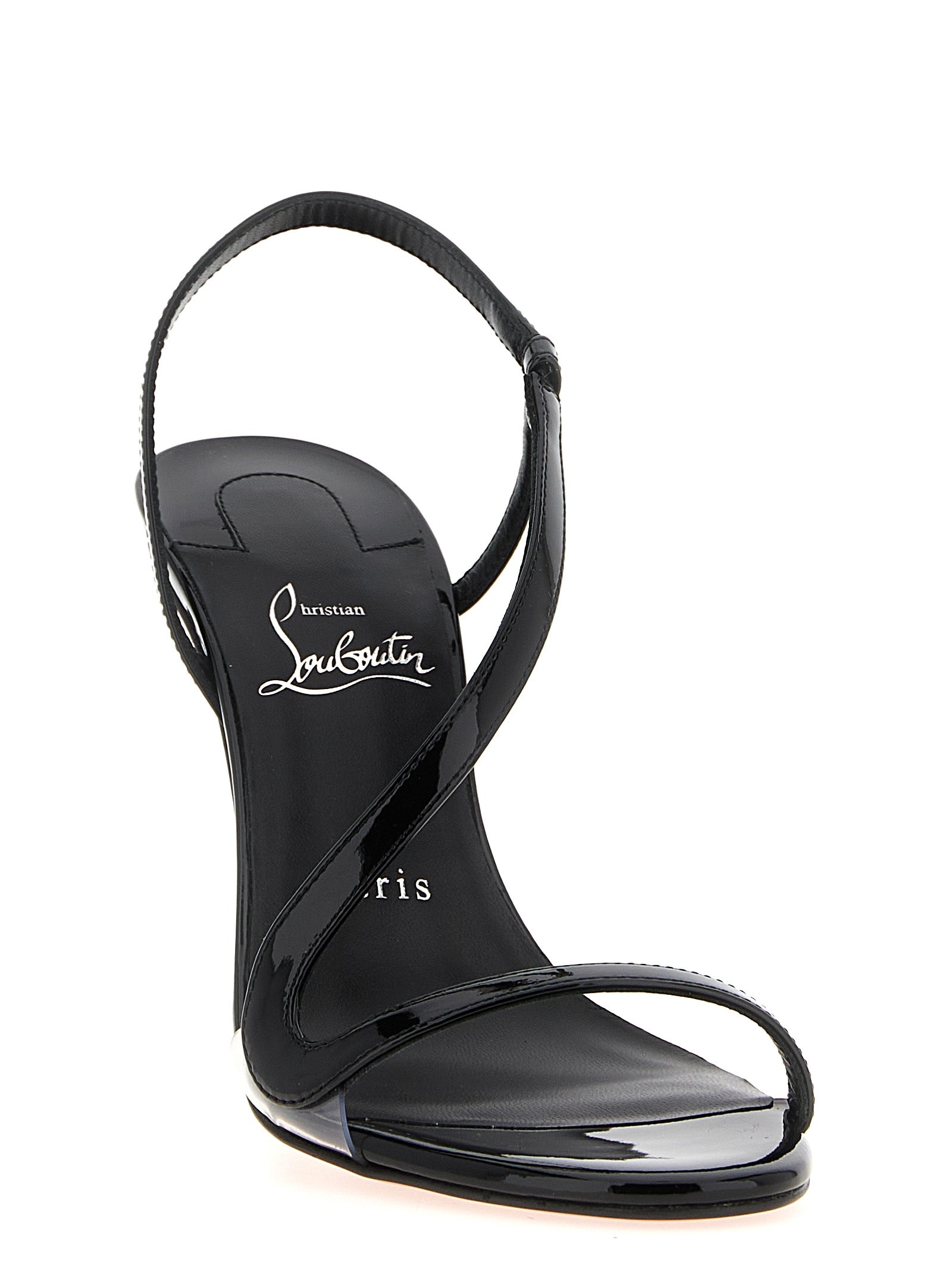 Sandales à talons aiguilles Christian Louboutin en cuir de veau noir, élégantes et sophistiquées, vues de face.