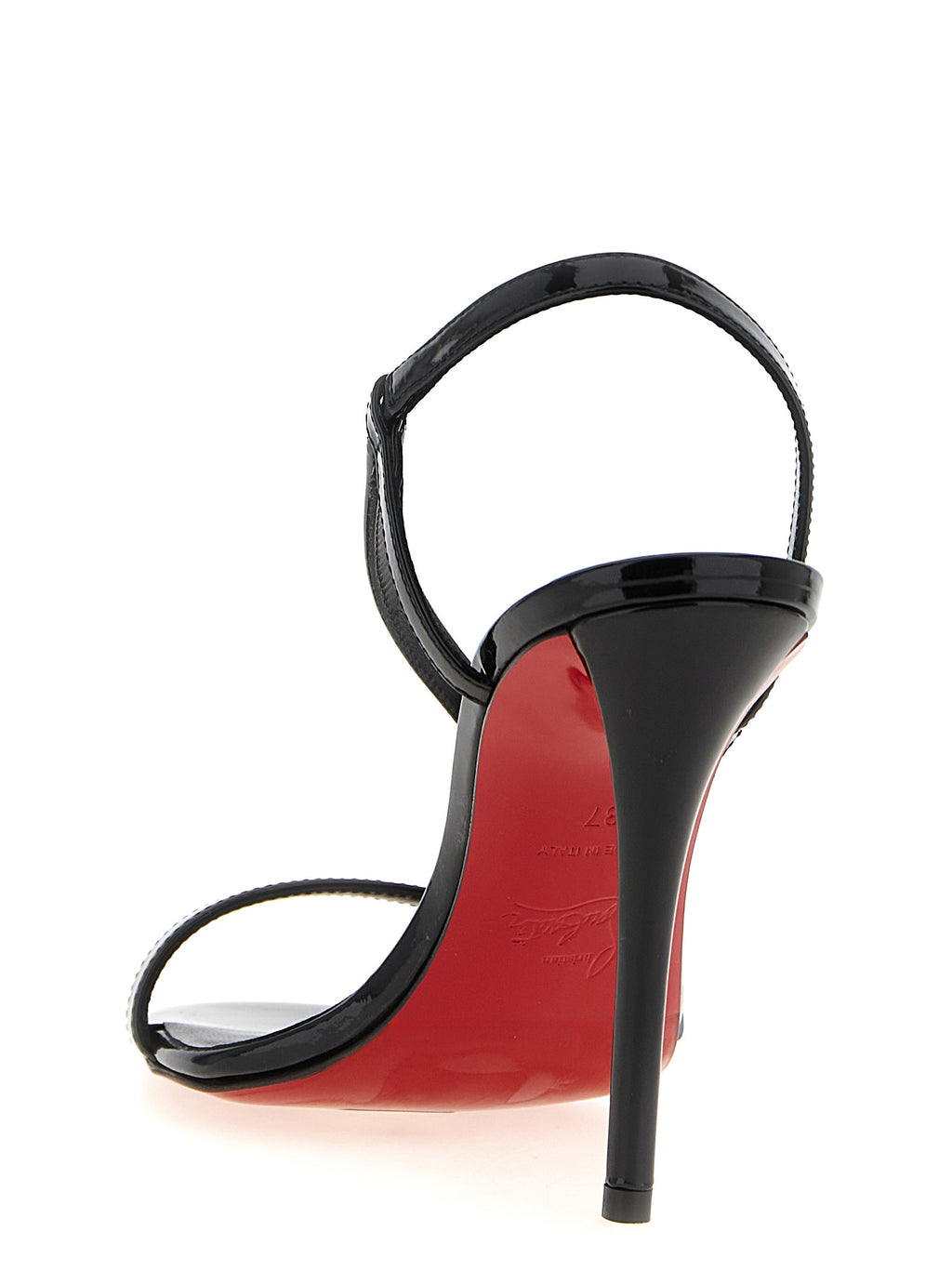 Sandales à talons aiguilles Christian Louboutin en cuir de veau noir, élégantes et sophistiquées.