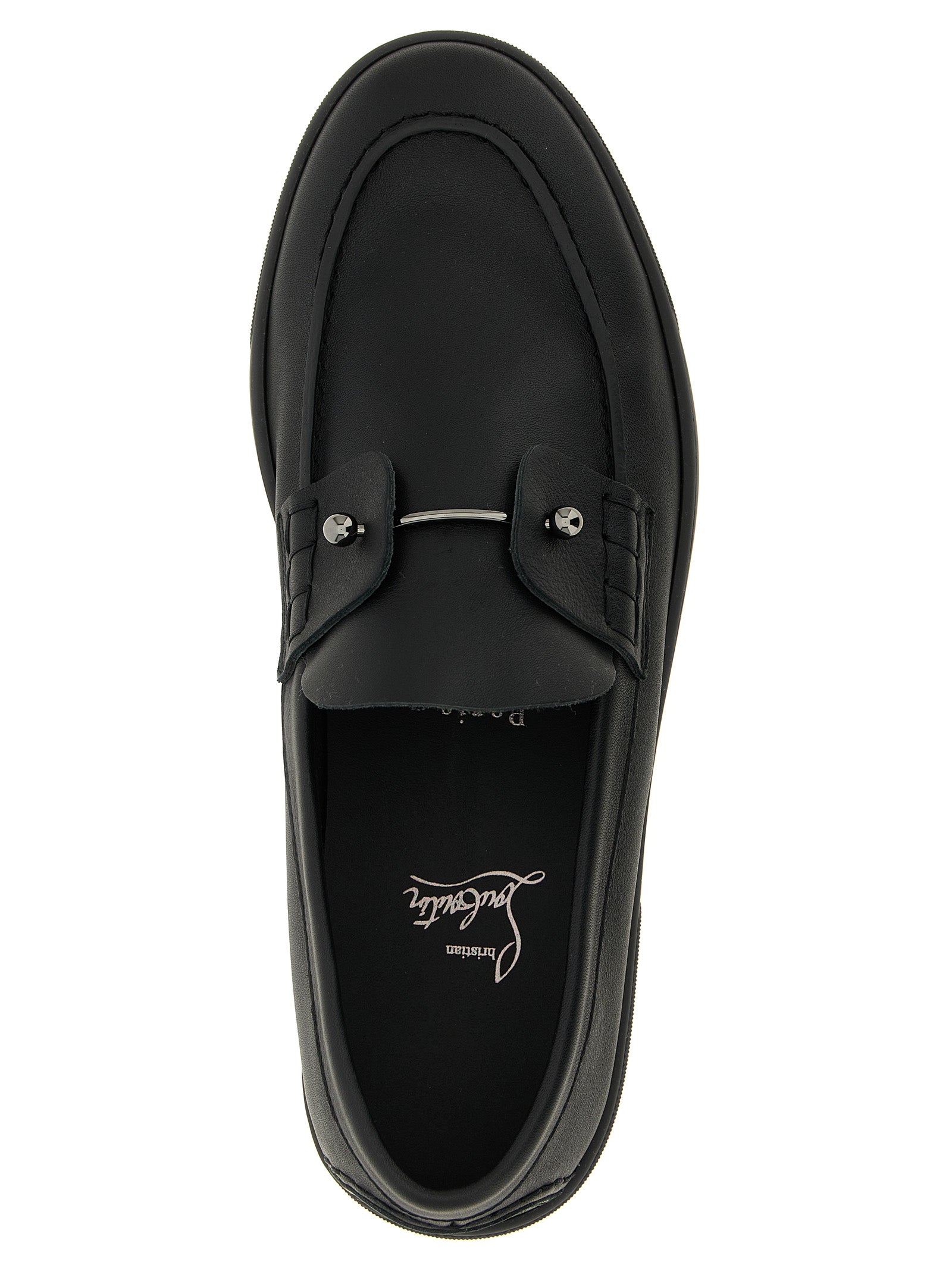 Mocassins Christian Louboutin en cuir de veau noir, chaussures sans lacets pour homme, design élégant et sophistiqué.