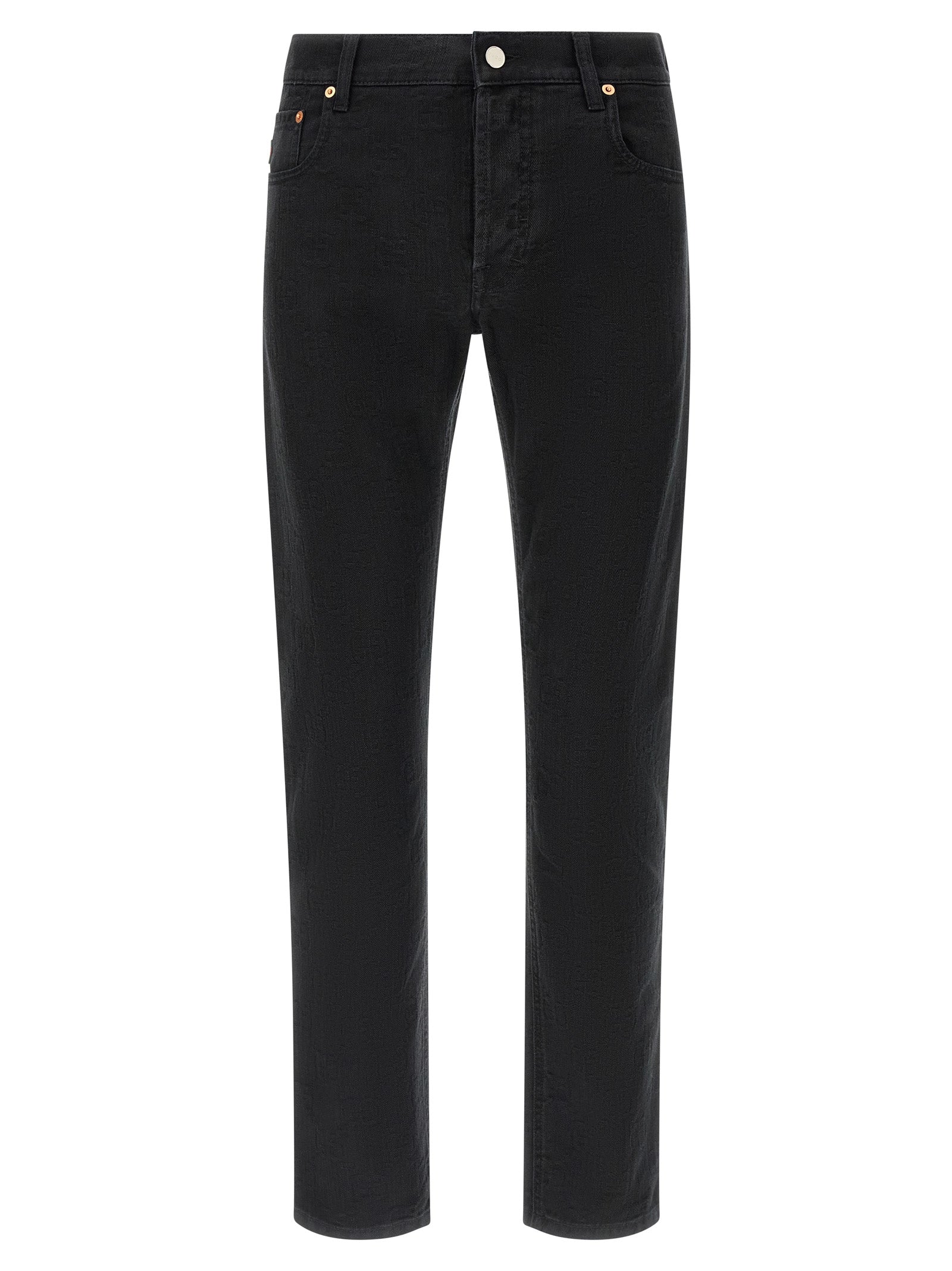Jeans Gucci en coton noir à coupe droite, affichant une silhouette classique et un style élégant.
