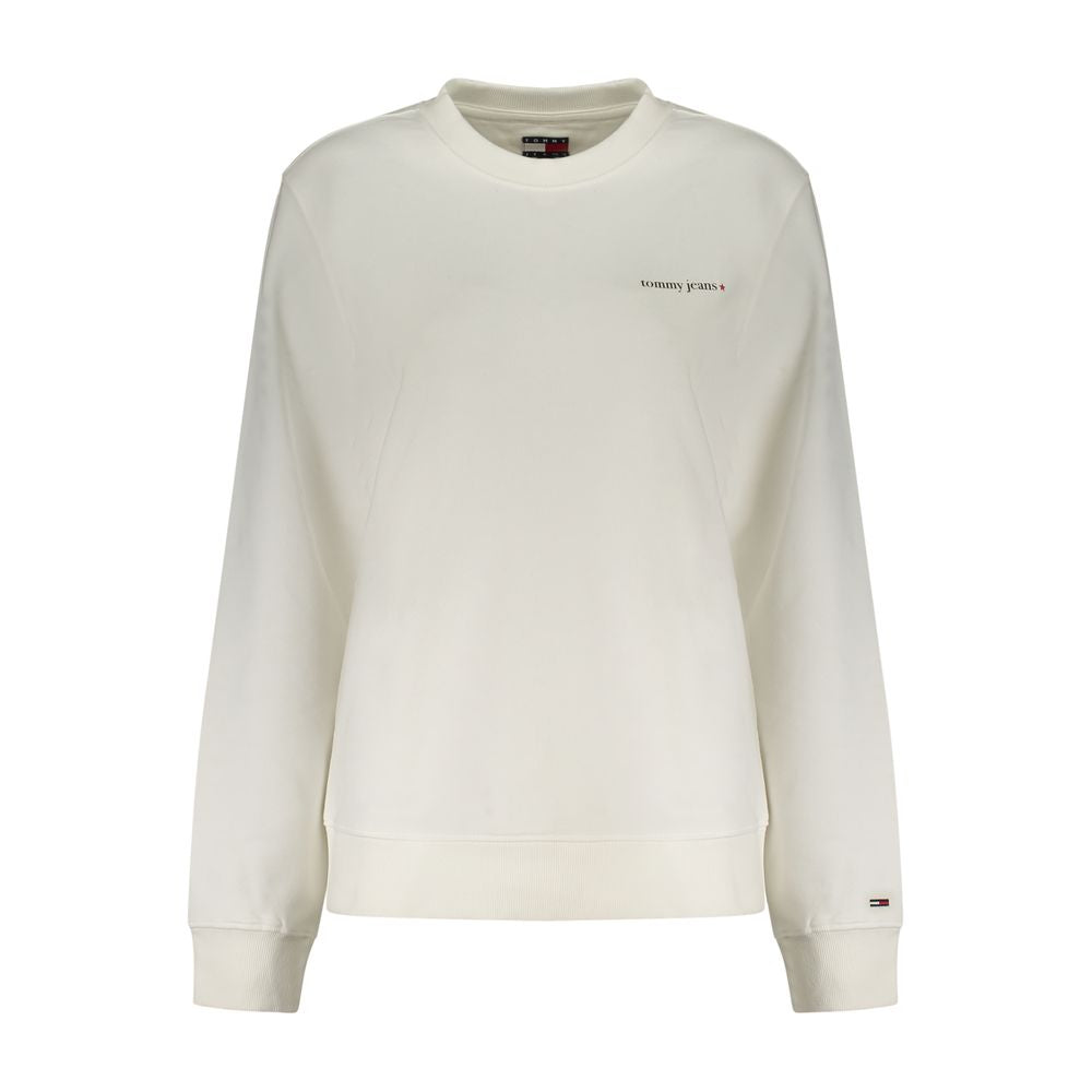 Sweatshirt pour femme Tommy Hilfiger en coton blanc, décontractée avec logo discret, portée sur un mannequin.