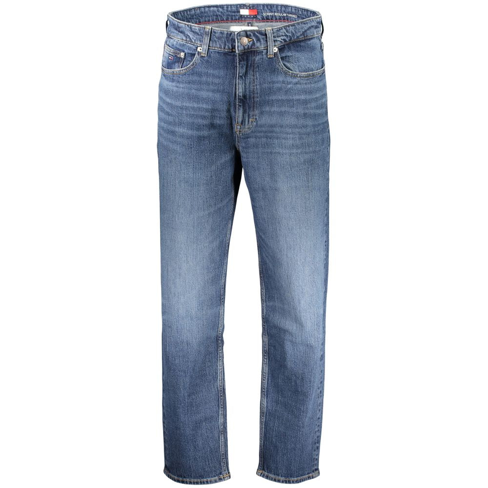Jeans homme en coton bleu Tommy Hilfiger, coupe ajustée et fuselée, visible en détail sur l'image.