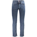 Jeans homme en coton bleu Tommy Hilfiger, coupe classique avec poches avant et arrière, détail de la marque.
