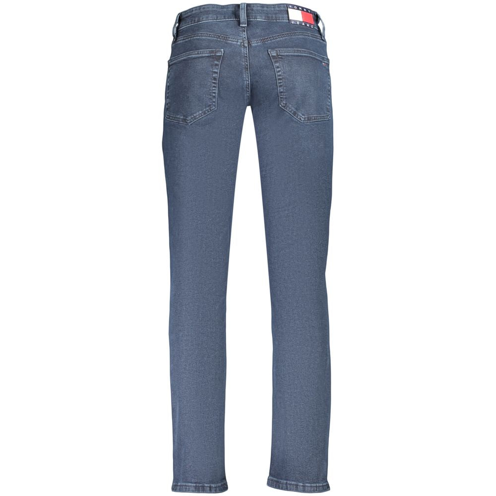 Jeans homme Tommy Hilfiger en coton bleu, coupe classique, avec ceinture et poches visibles.
