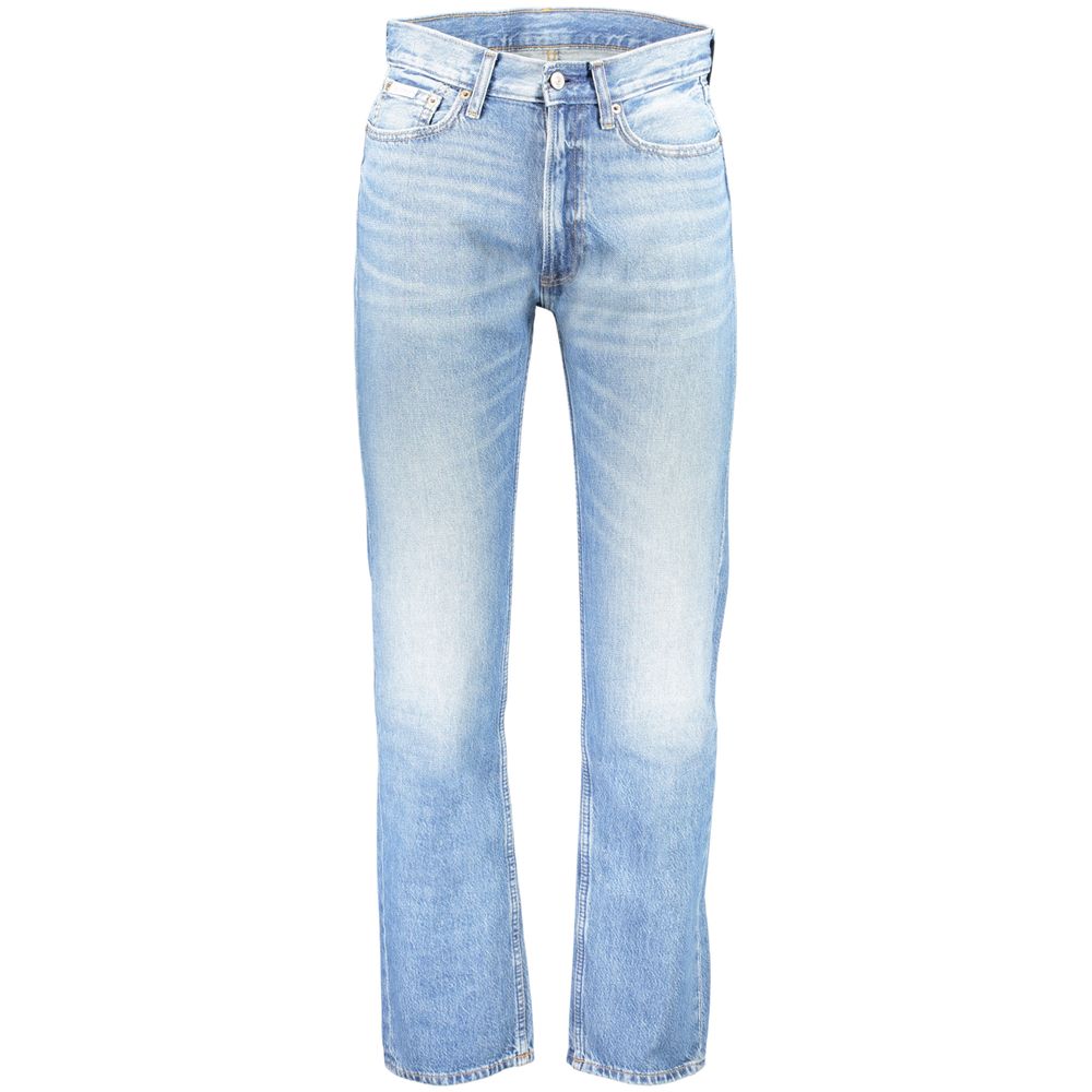 Jeans homme en coton Calvin Klein Azzurro, coupe classique, couleur bleue, avec ceinture et poches visibles.
