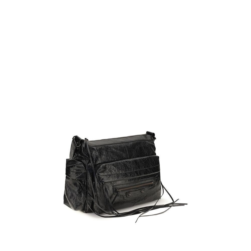 Sac à bandoulière Balenciaga en cuir d'agneau noir Ovis Aries, style élégant et moderne avec détails sophistiqués.