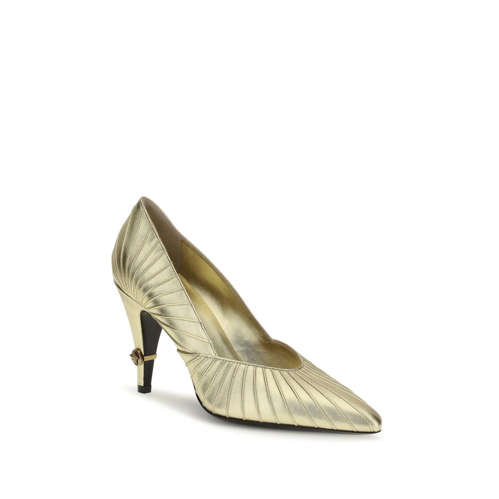 Chaussures à talons hauts Versace Bos Taurus en cuir de veau doré, élégantes et sophistiquées.