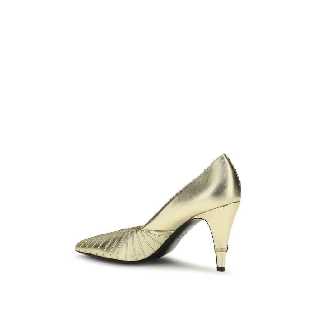 Escarpins hauts en cuir de veau doré Bos Taurus de Versace, élégants et sophistiqués pour femmes.