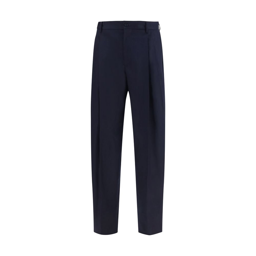 Pantalons Dolce & Gabbana en laine bleue Oves Aries, coupe élégante, portée sur un mannequin, détails de finition visibles.