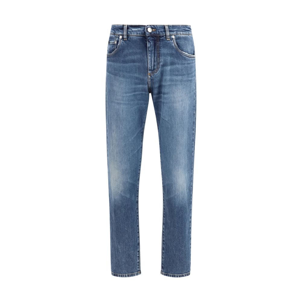 Jeans droits en coton bleu Dolce & Gabbana, vue de face, avec détails de couture visibles.