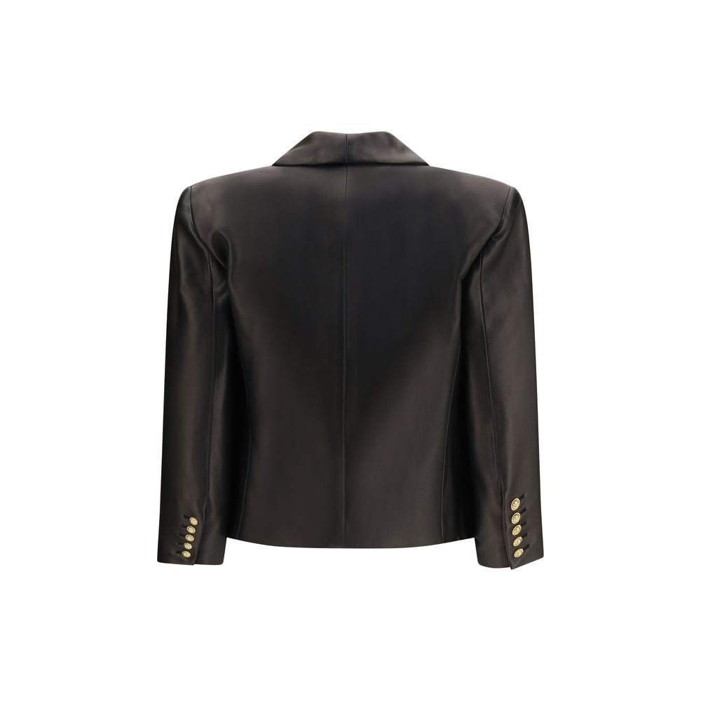 Veste en cuir noir Balmain en agneau ovis Aries, finition sophistiquée et coupe élégante, visible sur l'image.