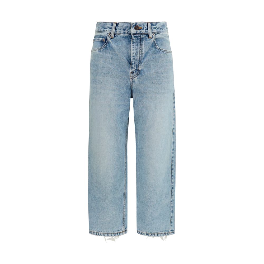 Jeans cropped en coton bleu Balenciaga, coupe tendance, avec détails modernes et style urbain visible sur l'image.
