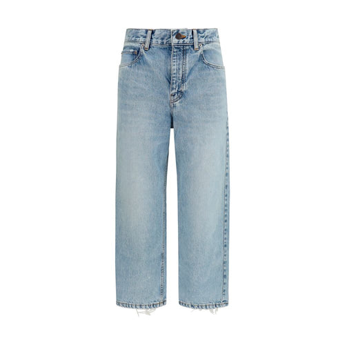 Jeans cropped en coton bleu Balenciaga, coupe tendance, avec détails modernes et style urbain visible sur l'image.