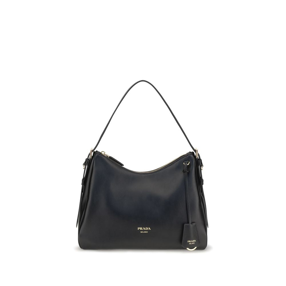 Sac à main Prada Bos Taurus en cuir de veau noir, sac à épaule élégant avec détails sophistiqués.