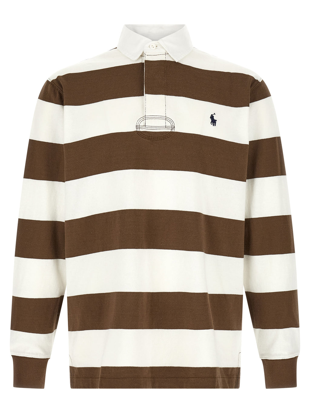Chemise polo en coton marron de Polo Ralph Lauren, vue de face, détails du col et des boutons visible.