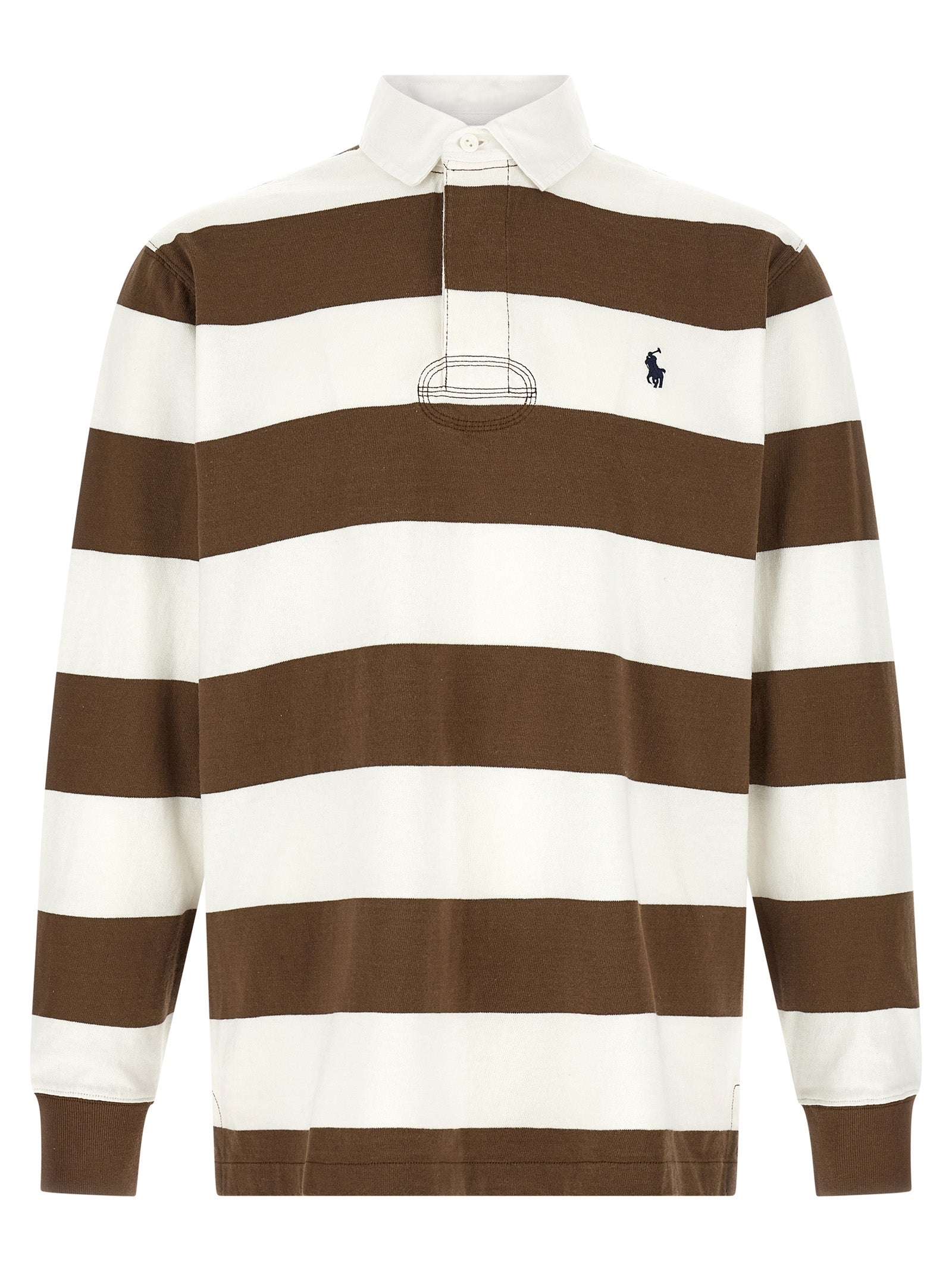 Chemise polo en coton marron de Polo Ralph Lauren, vue de face, détails du col et des boutons visible.