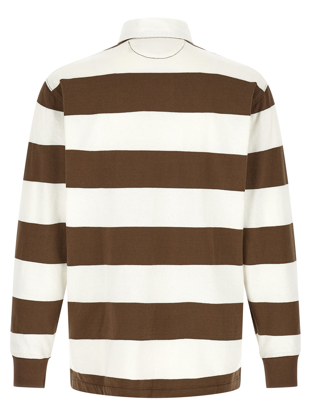 Chemise polo Ralph Lauren en coton marron, détail du col et des boutons, style classique et élégant.