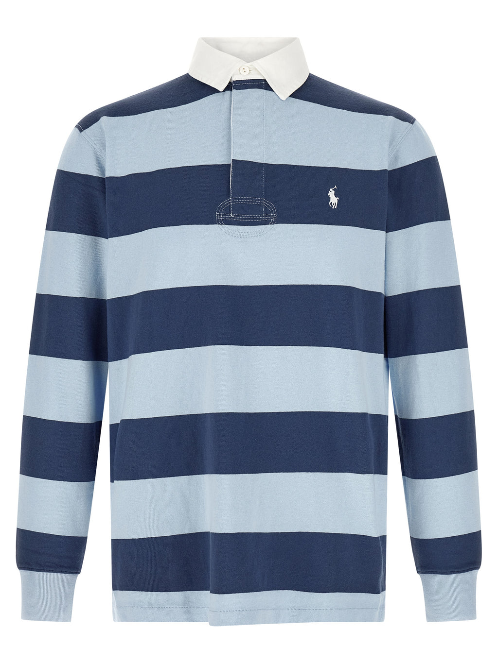 Chemise polo en coton bleu de Polo Ralph Lauren, vue de face, avec col classique et logo brodé sur la poitrine.