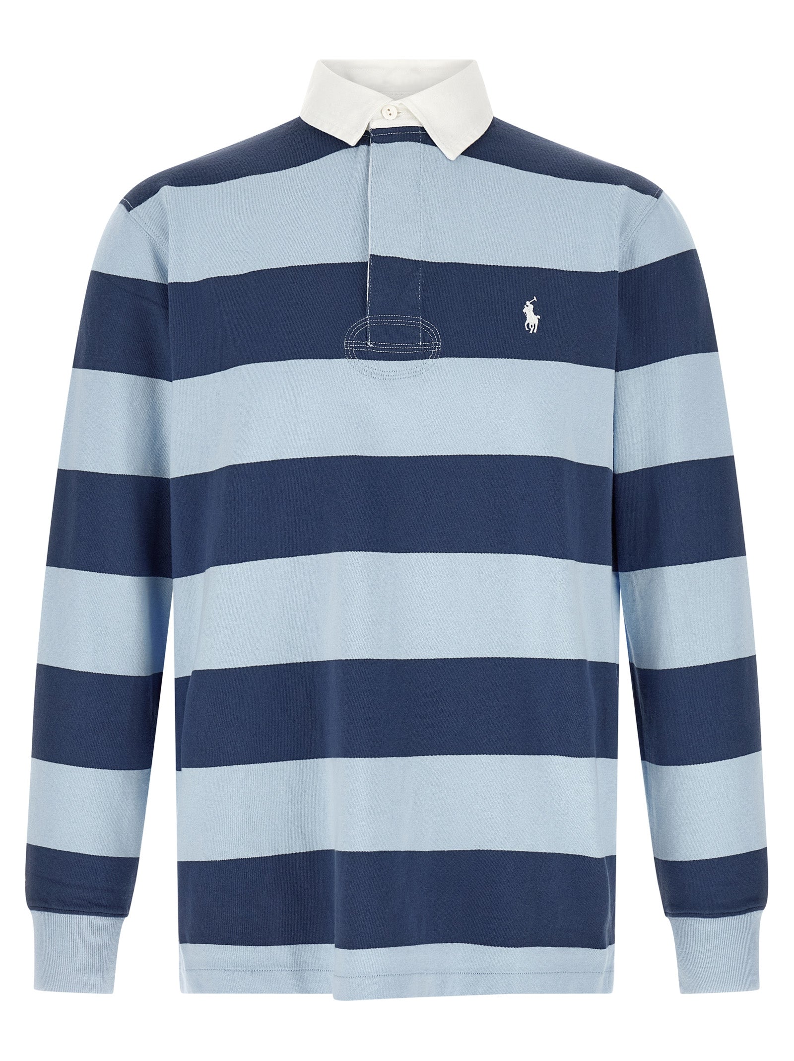 Chemise polo en coton bleu de Polo Ralph Lauren, vue de face, avec col classique et logo brodé sur la poitrine.