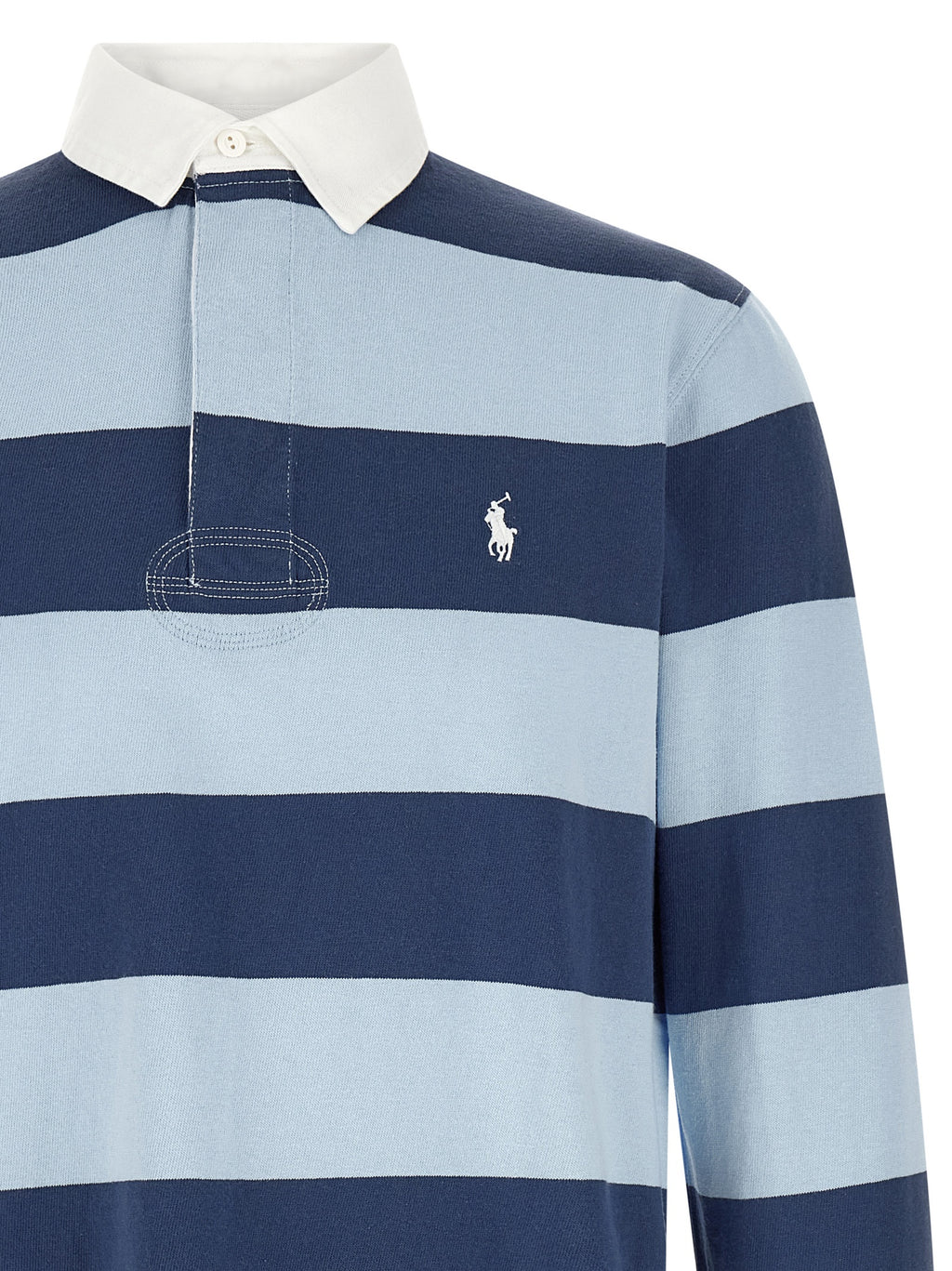 Chemise polo Ralph Lauren en coton bleu avec col classique et logo brodé, vue frontale.