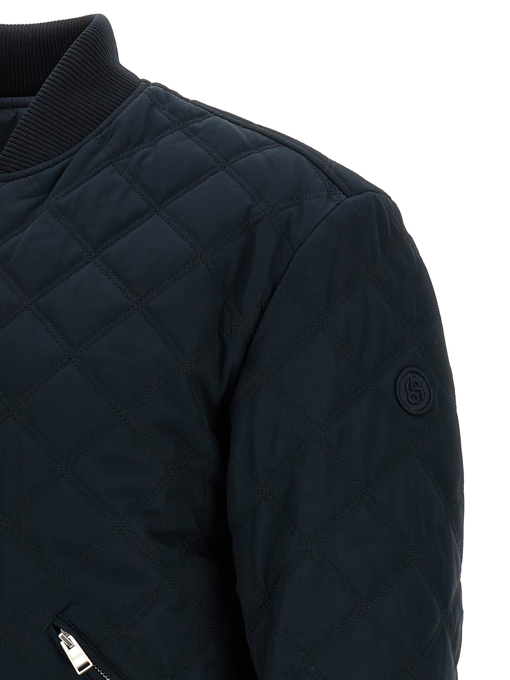 Veste bomber en polyester bleu de Hugo Boss avec col montant et fermeture éclair, vue de face.