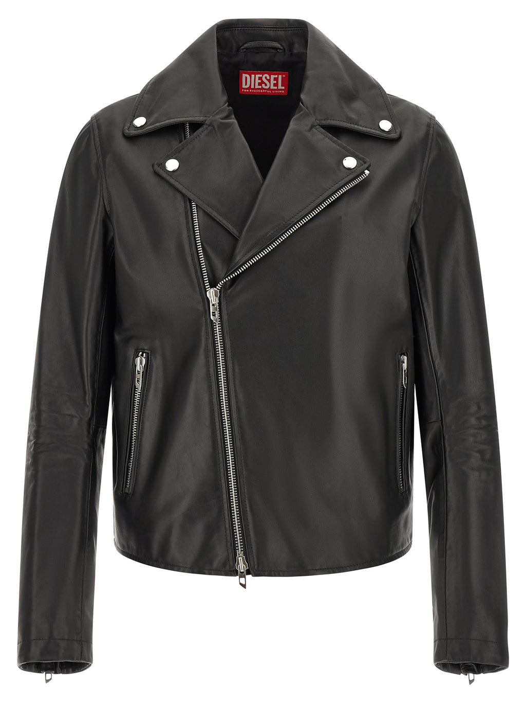 Veste en cuir noir Diesel pour homme, en cuir de vachette, avec col montant et fermeture zippée, vue de face.
