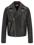 Veste en cuir noir Diesel pour homme, en cuir de vachette, avec col montant et fermeture zippée, vue de face.