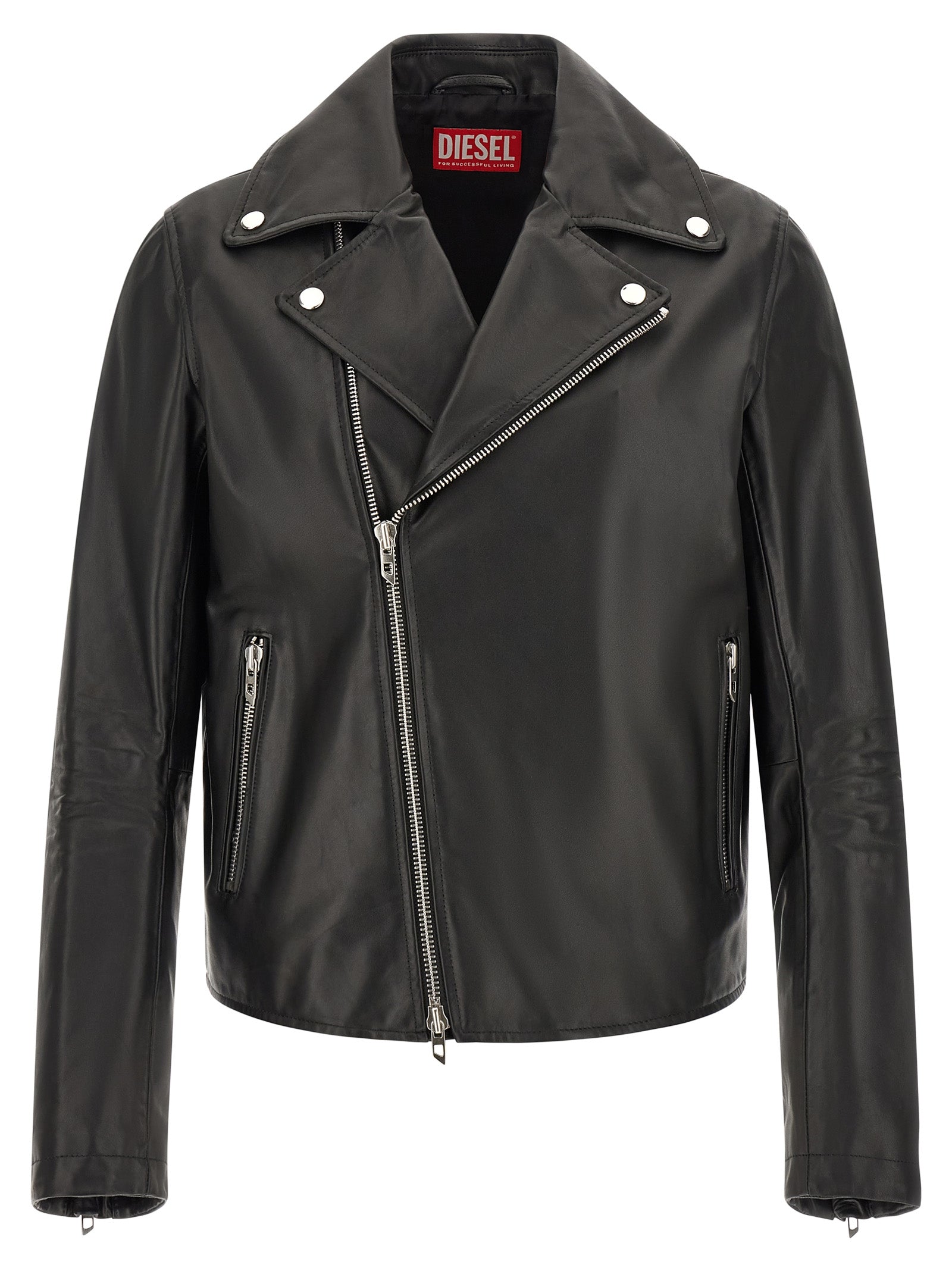 Veste en cuir noir Diesel pour homme, en cuir de vachette, avec col montant et fermeture zippée, vue de face.